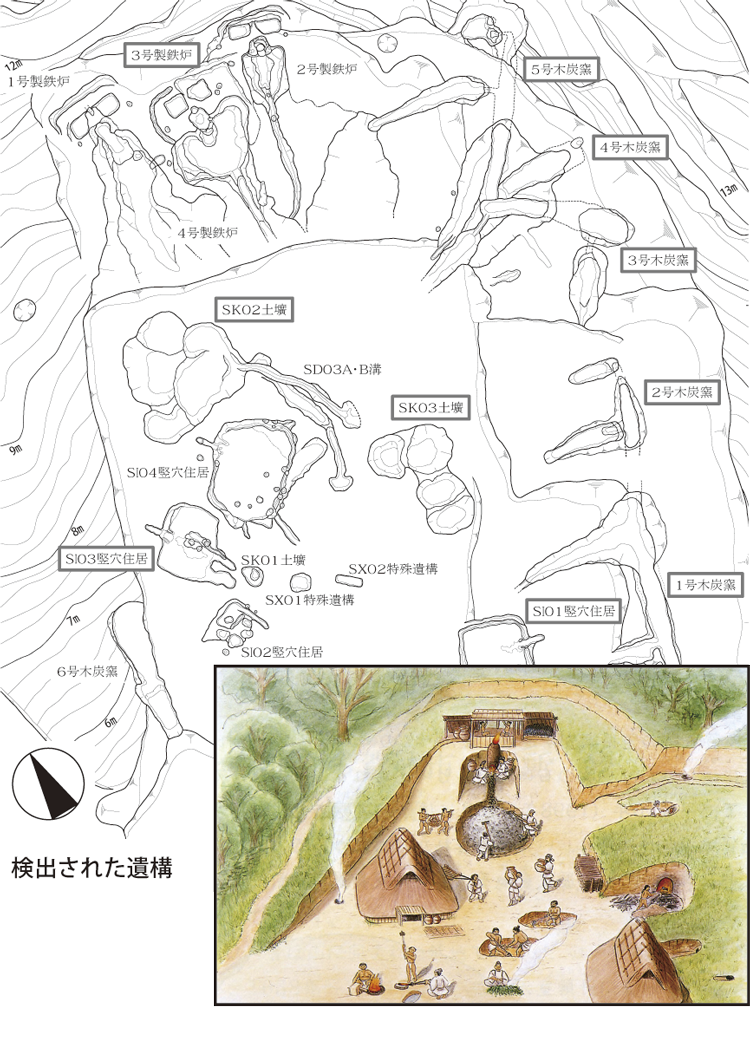 柏木遺跡で検出された遺構と鉄造りの様子イメージ図