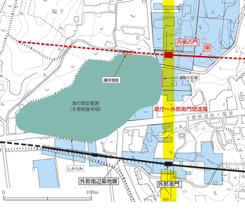 外郭南門と南辺の位置を示した図