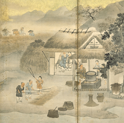 「耕織図屏風(こうしょくずびょうぶ)」（右隻部分）
